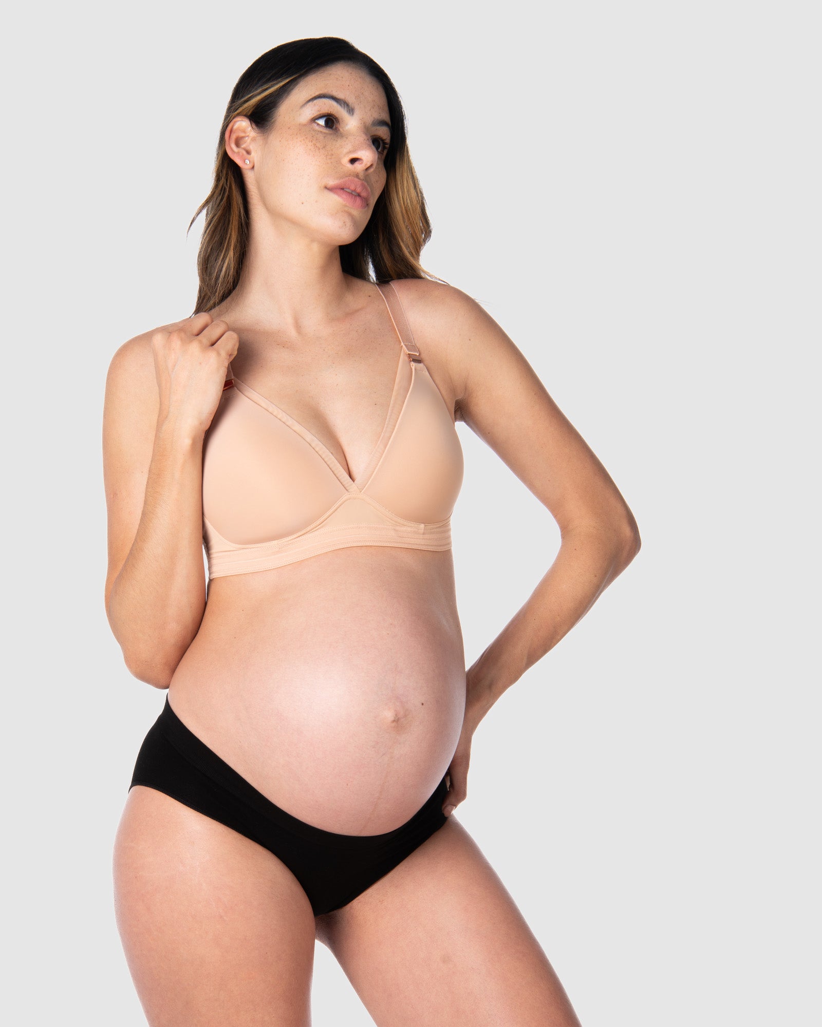 Kami, pregnant mother of 2, showcasing the full-body view of Hotmilk AU&#39;s Ambition T-Shirt Wirefree nursing and maternity bra in shell, thoughtfully crafted for maternity, nursing, and breastfeeding comfort