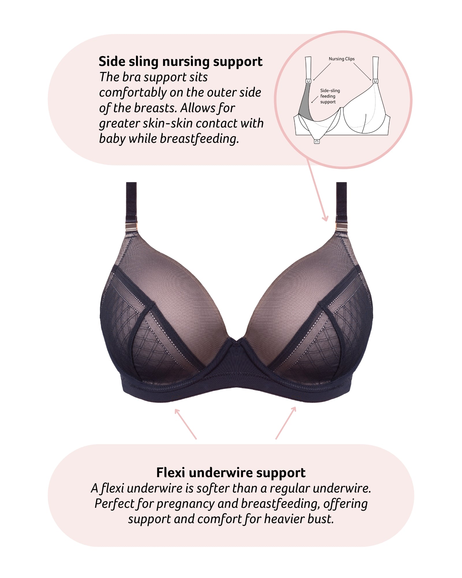 Technical features of Lunar Plunge Flexi Underwire Contour Nursing Bra in Black