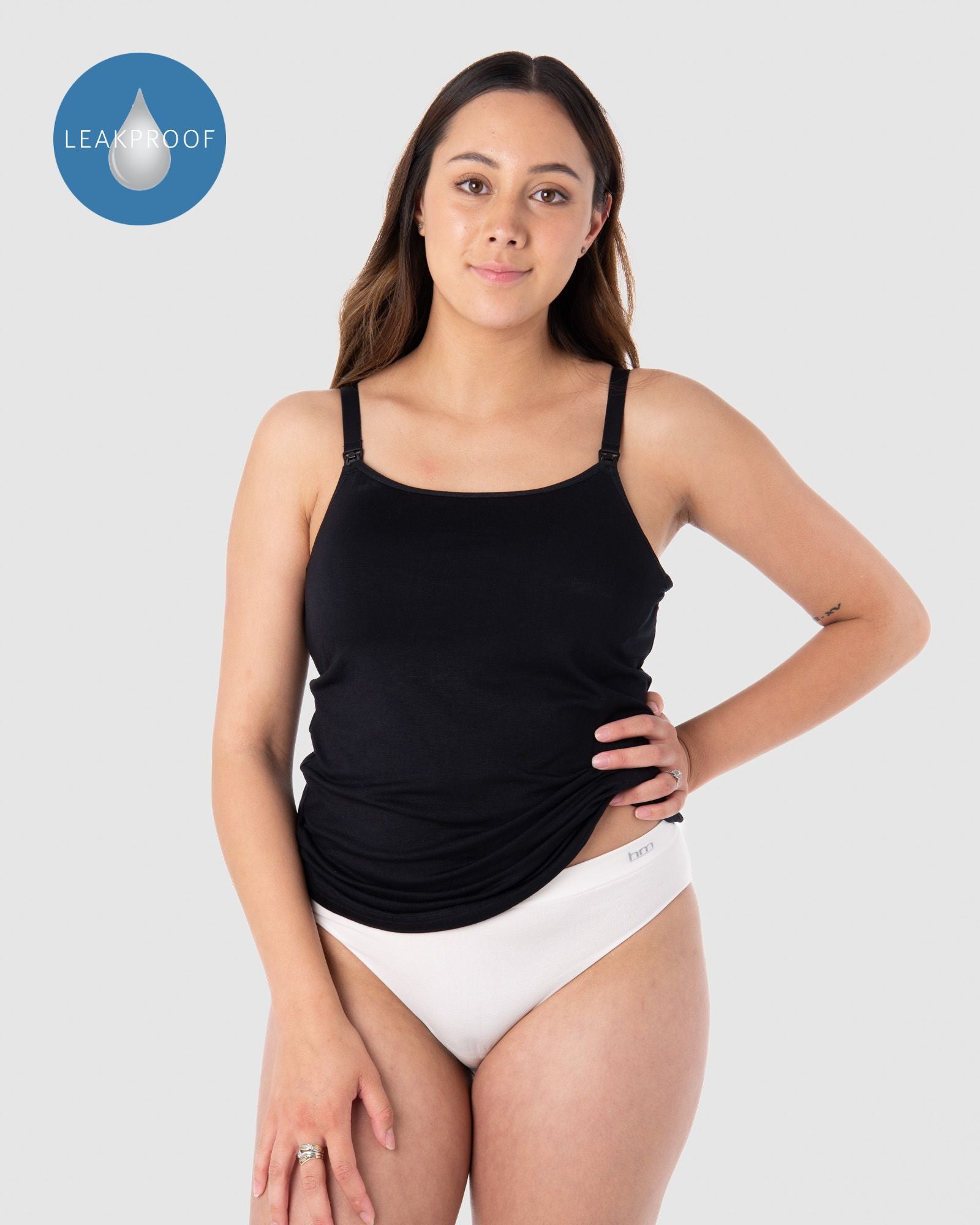 Tatiana, a breastfeeding mother of one, proudly dons Hotmilk Lingerie&#39;s groundbreaking leakproof Embrace cami. Designed to address light or unexpected leaks during breastfeeding, this versatile cami offers a multifit style with the option of racerback straps. Crafted from soft and sustainable bamboo yarn, this innovative design seamlessly blends practicality, style, and comfort, making it an excellent choice for nursing and breastfeeding needs